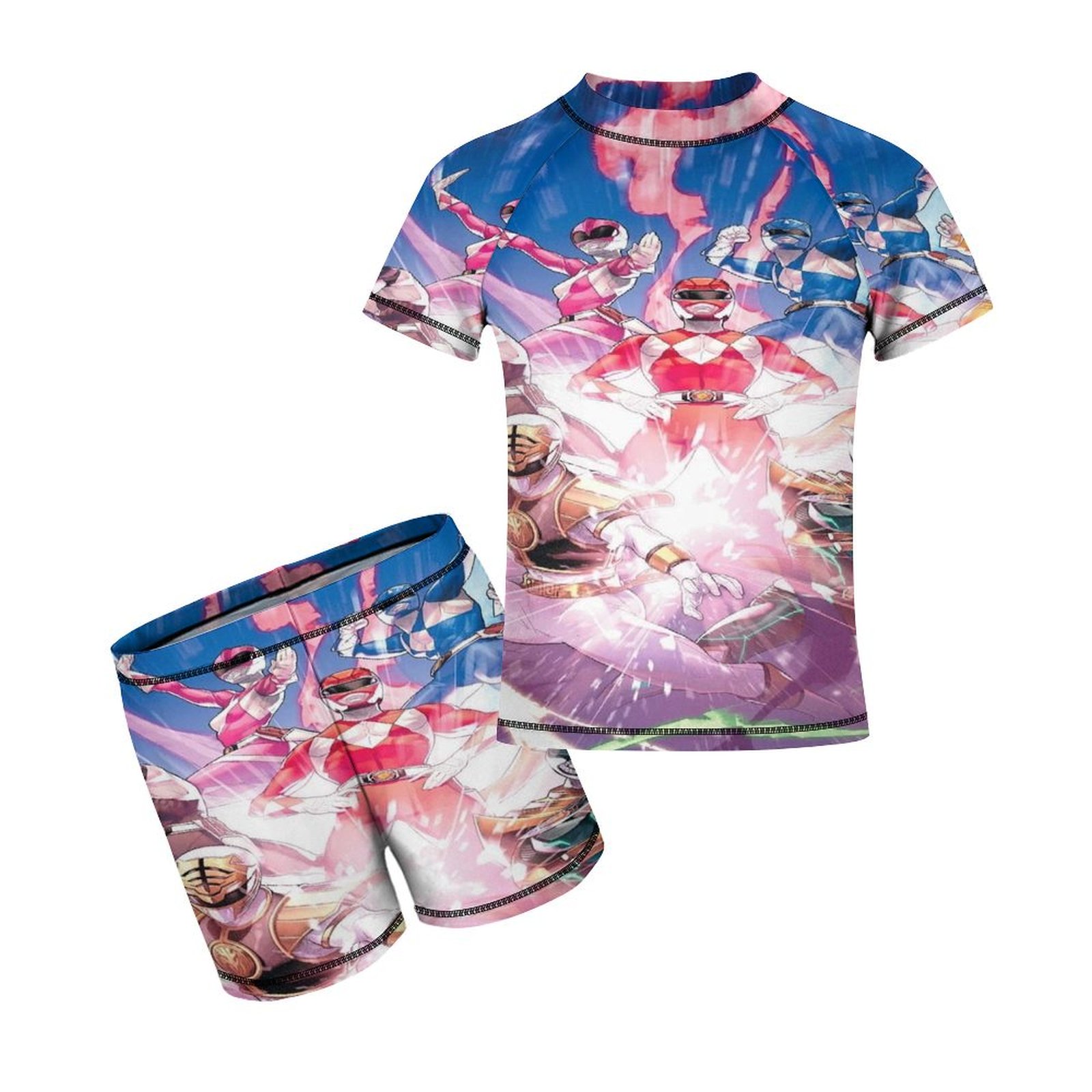 Kids Power Rangers Boys Short Sleeve Bathing Suit 2 Piece Rash Guard Swimsuit Beach Sport Swimwear